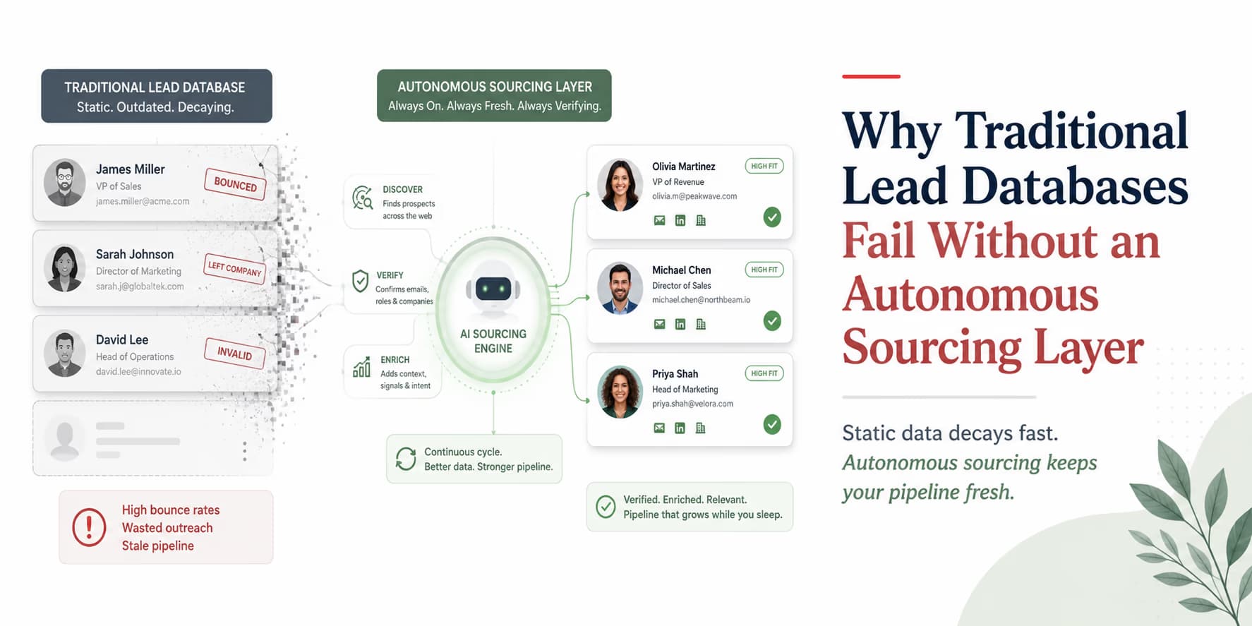 B2B lead database decay rate versus real-time autonomous sourcing layer diagram