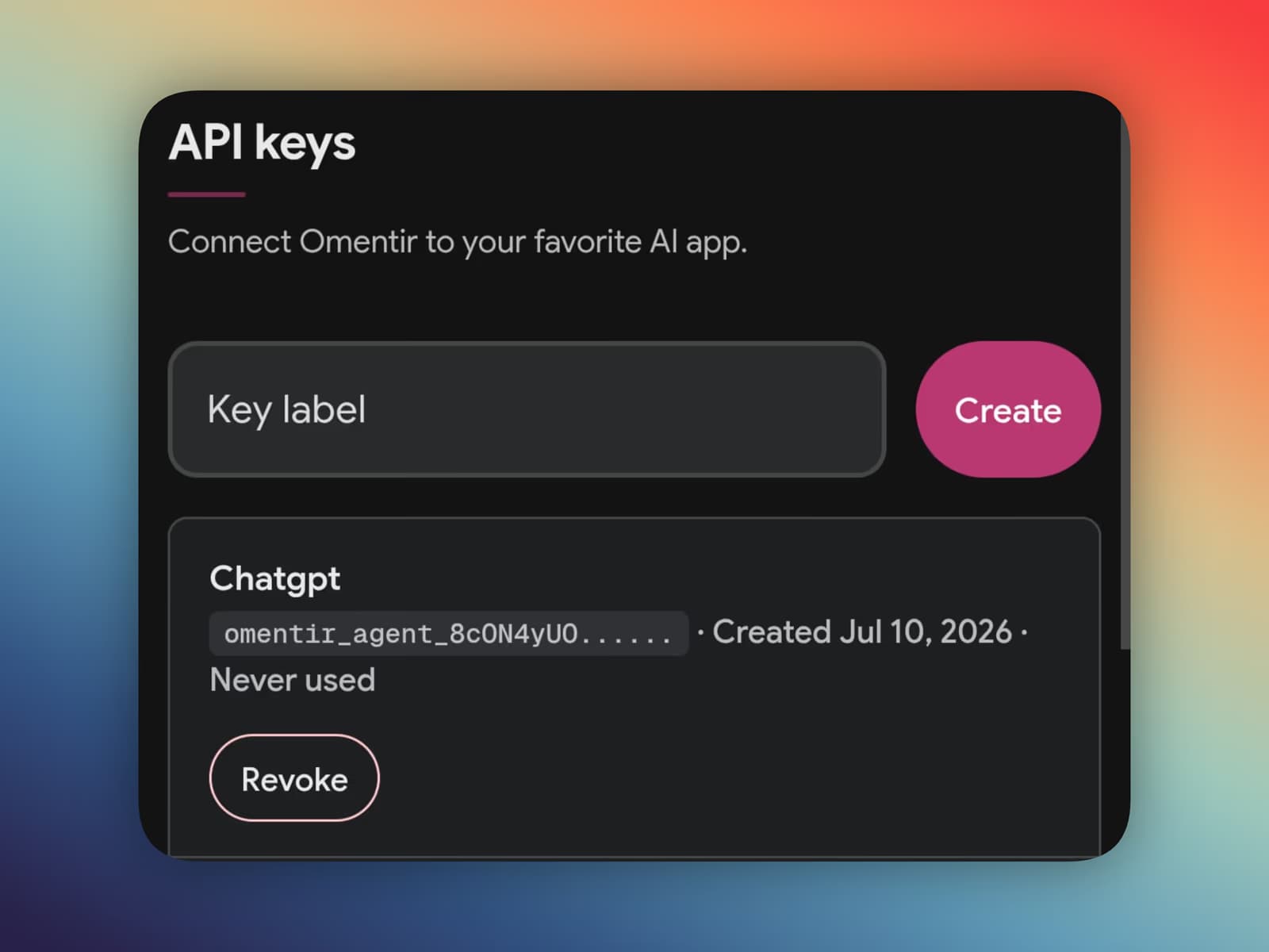 Revora API key creation screen for agent and script access