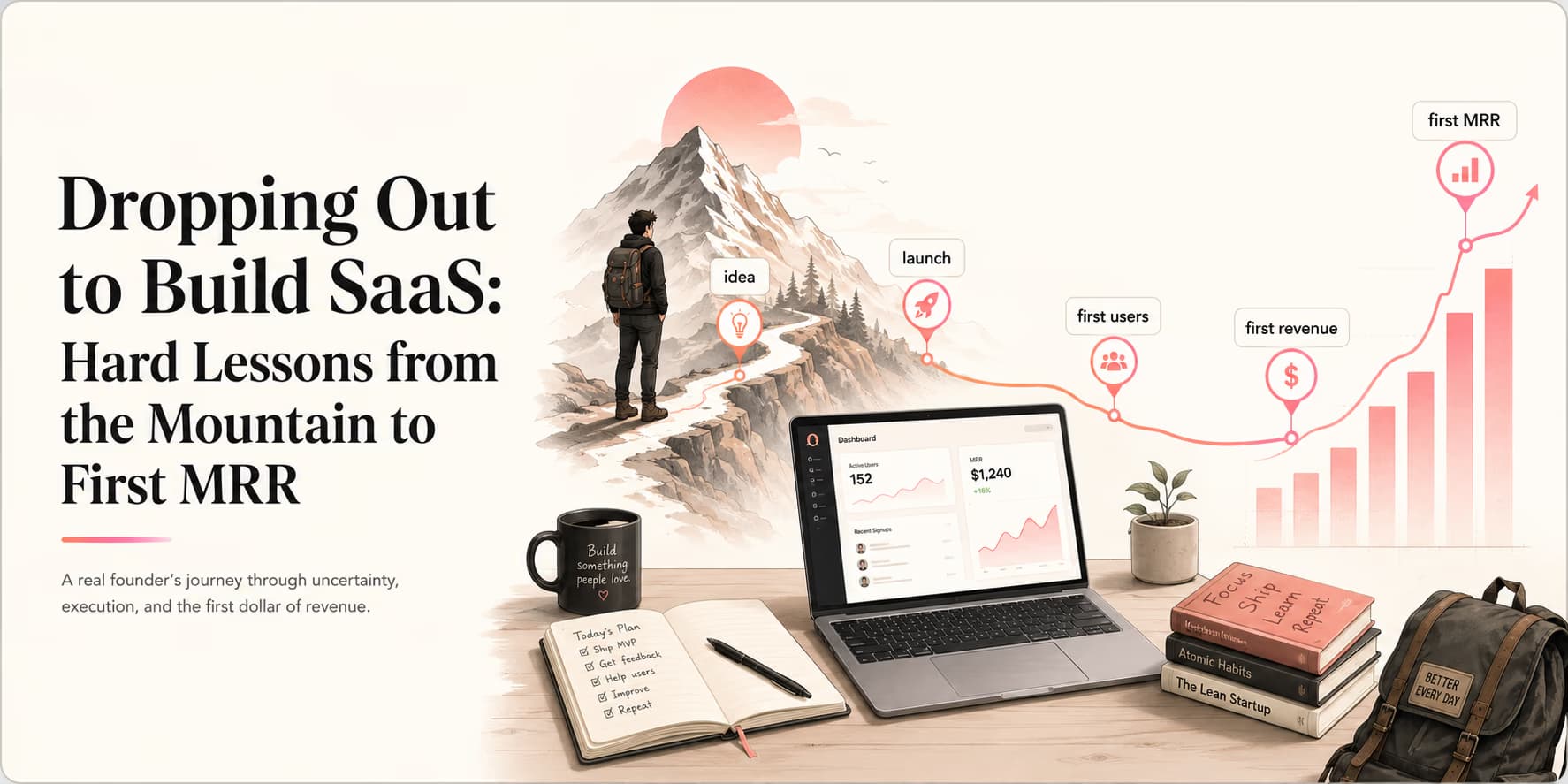 Founder journey from dropping out to initial software MRR milestones chart