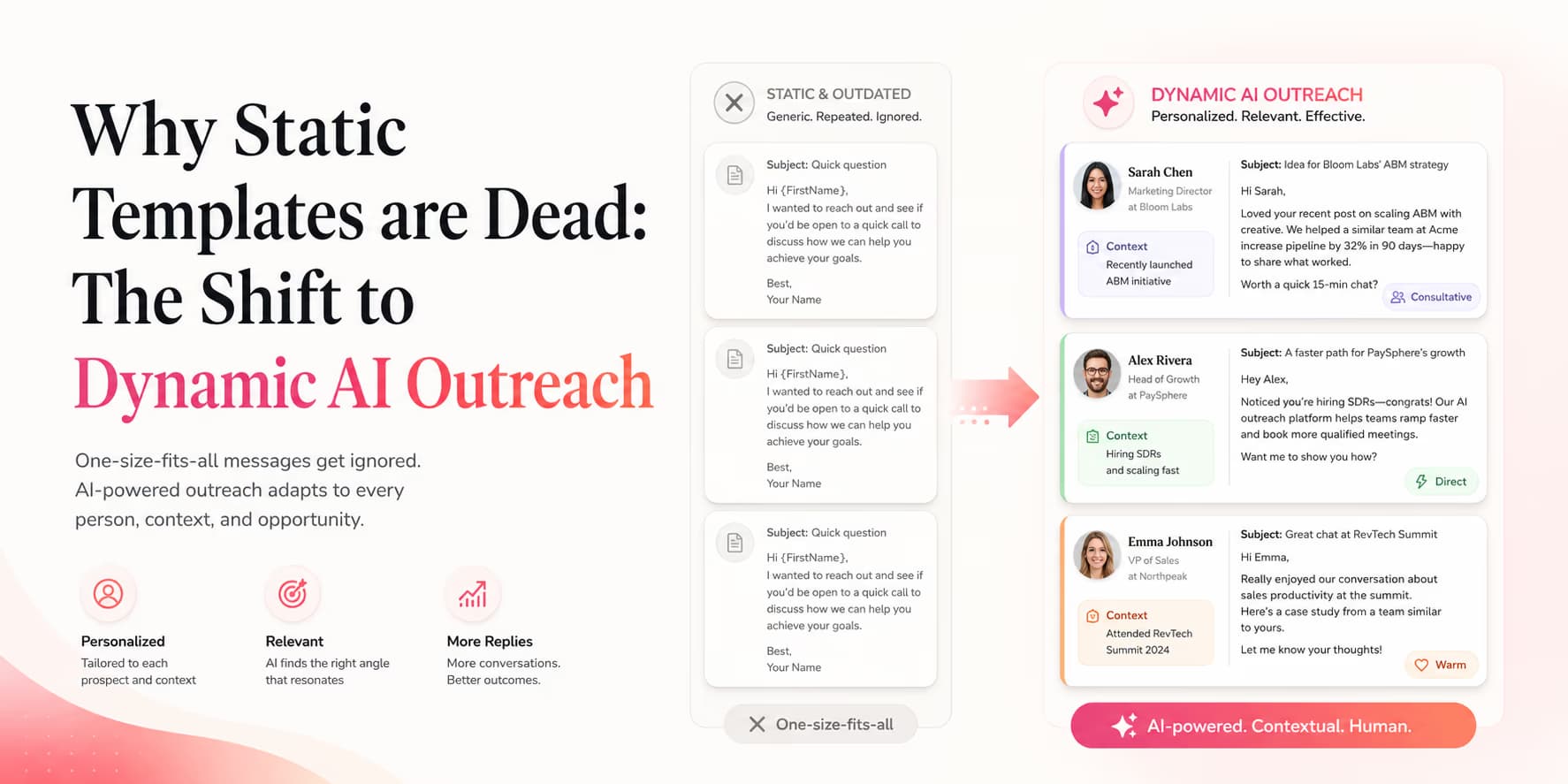 Static outreach templates versus dynamic AI outreach deliverability comparison diagram